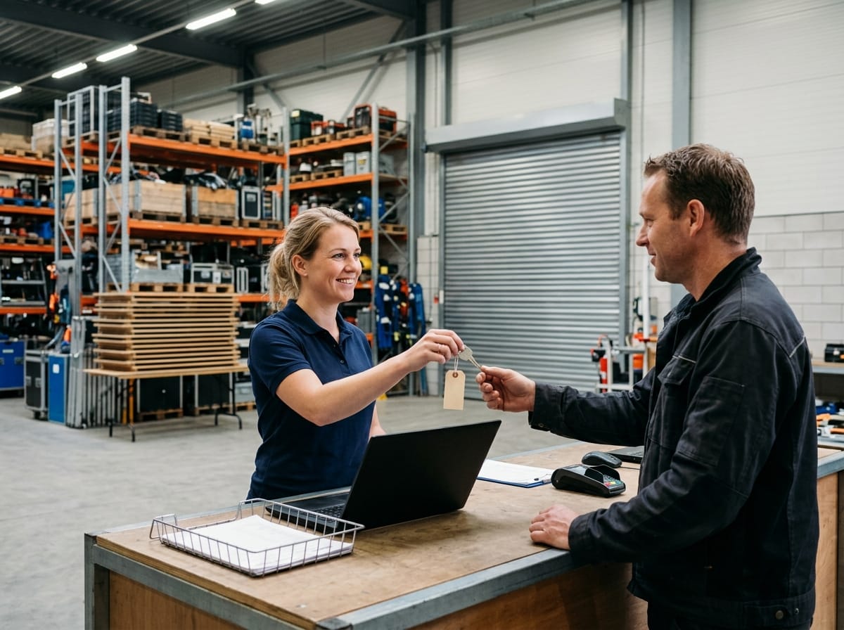 Medewerkster achter de balie van een verhuurbedrijf overhandigt een sleutel met label aan een klant