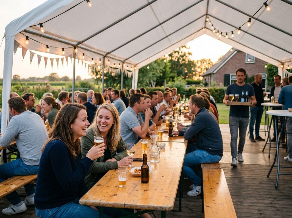 Gasten aan lange biertafels onder een verlichte partytent in de avondzon