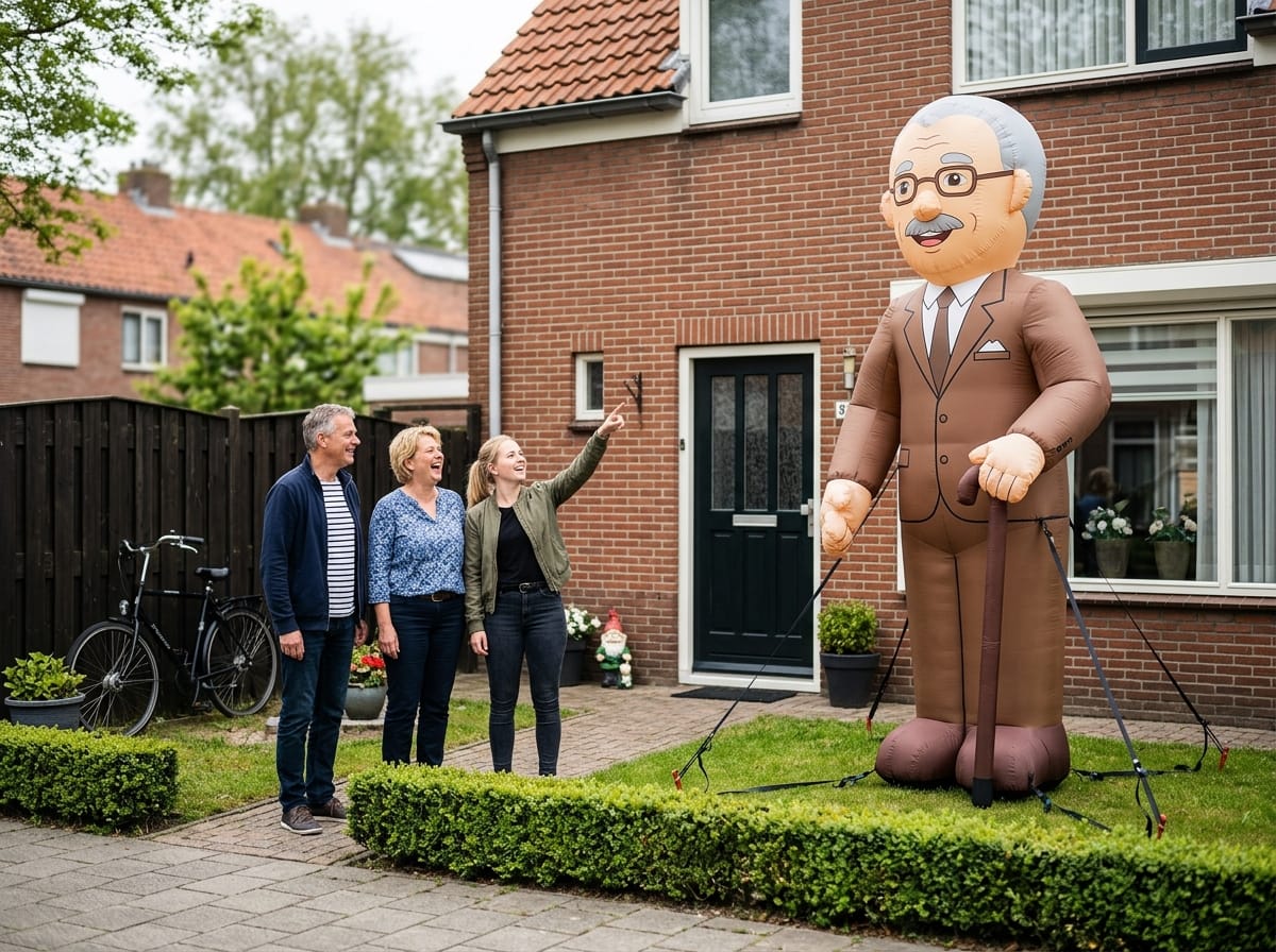 Familie in de voortuin lacht om een grote opblaasfiguur van Abraham naast de voordeur